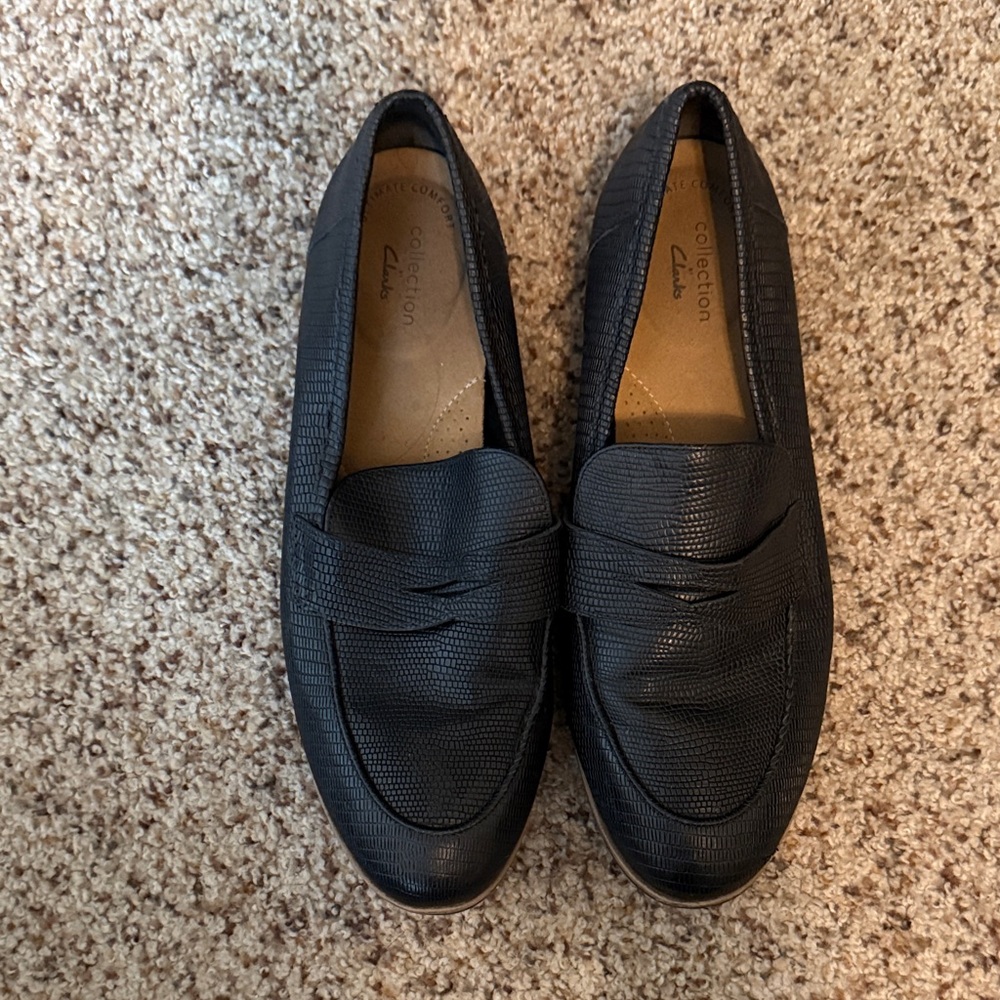 Clarks Textured Black Slip-On Loafers
